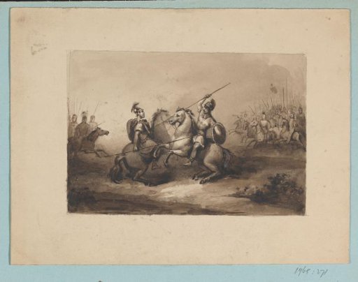 Duel on horseback on a battlefield