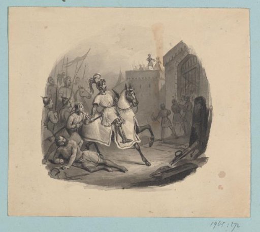 Knight on horseback before a castle
