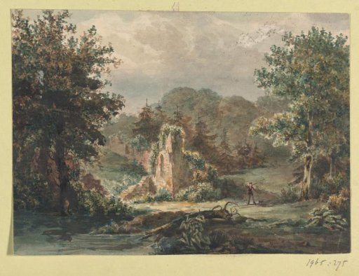 Forest landscape with ruins and a hunter
