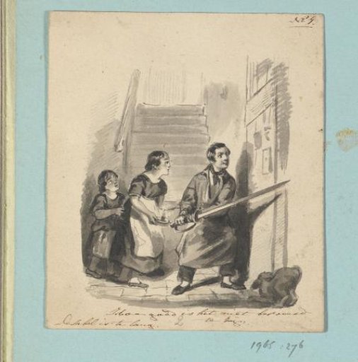 Three children in a hall, one of whom is holding a sword