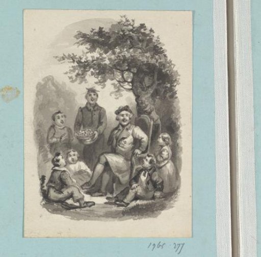Seated man under a tree surrounded by children