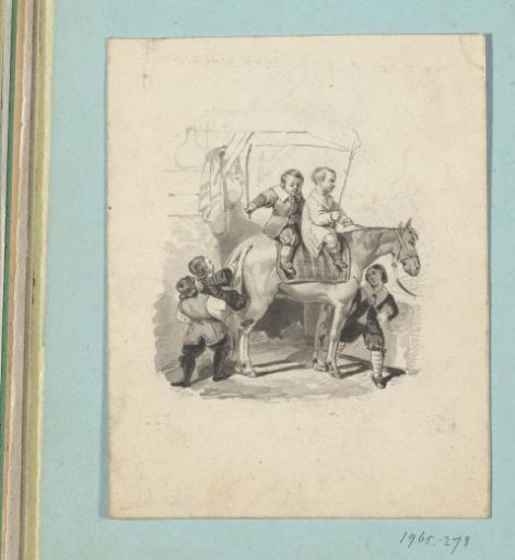 Playing children with a horse in a stable