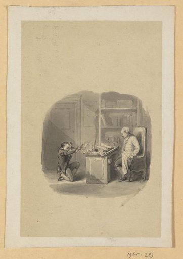 Kneeling boy before the desk of an older man