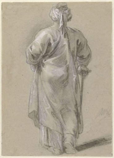 Standing man with turban and staff, seen from the back