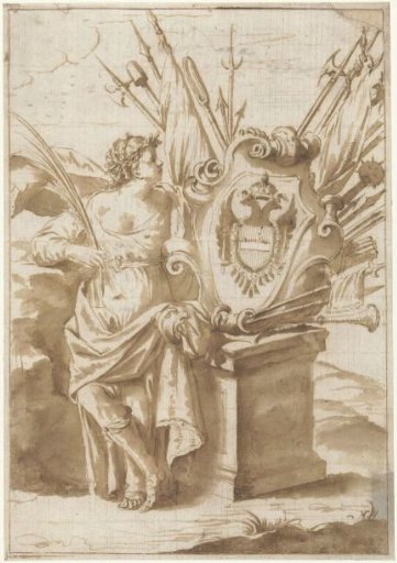 Woman by the coat of arms of Austria