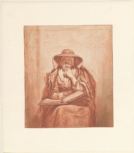 Pensive old woman, with a book on her lap