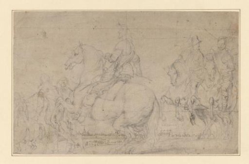 Officers on horseback, in the distance a city