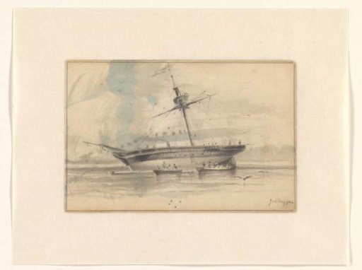 Sailing Ship with Two Rowboats