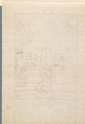 View of a garden pond and a fountain with a triton