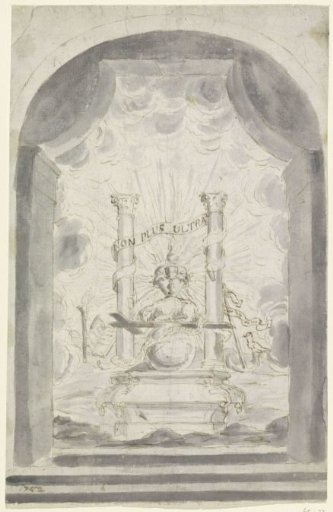Burning heart and lamb with cross between columns