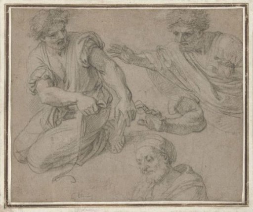 Studies of a kneeling man, half-figure, arm and bust