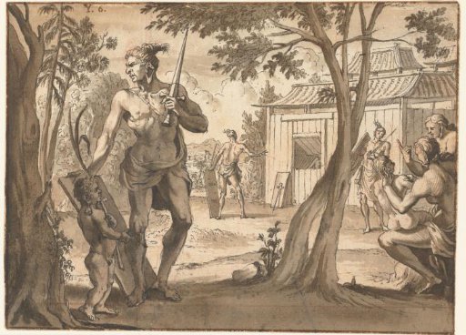 People near a wooden building