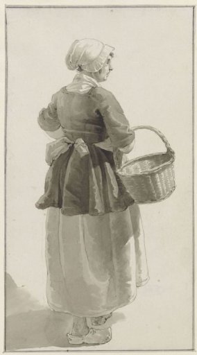 Woman in clogs with a basket, seen three-quarter from behind