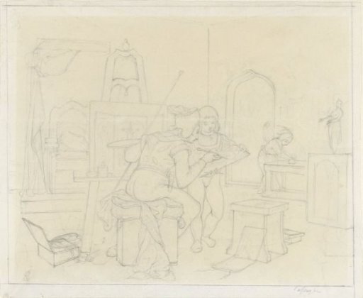 Medieval studio with painter and his assistants