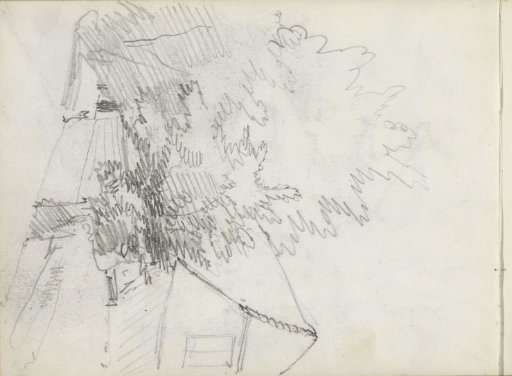 Trees next to a house with a gabled roof