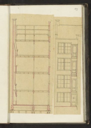 Elevation of a front facade and a cross-section of a building