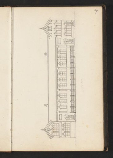Elevation of the facade of a building with round-arched windows