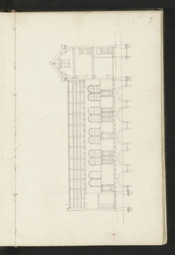 Elevation of the front facade of a building with arcades