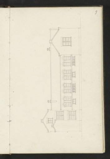 Elevation of the facade of a building with round-arched windows