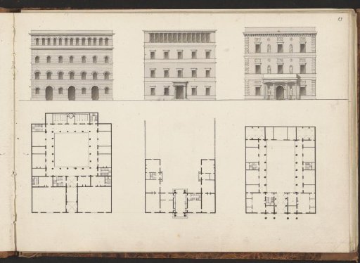 Floor plans and facades of three villas