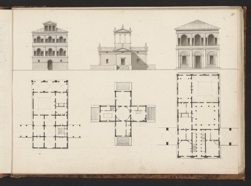 Floor plans and facades of three villas