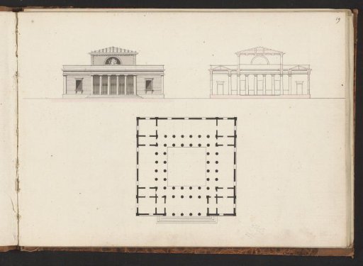 Floor plan, facade, and section of a villa