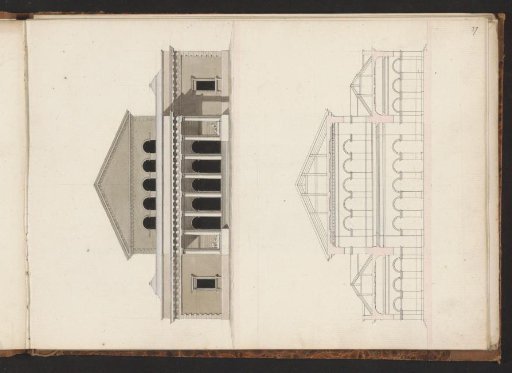 Elevation of the facade and section of a villa