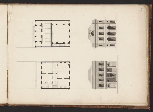 Plans and front elevations of two villas