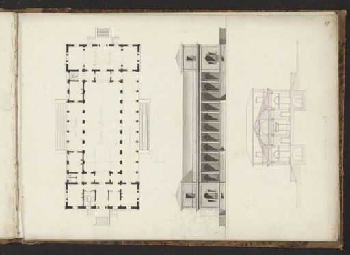 Plan, front elevation, and cross-section across the width of a villa