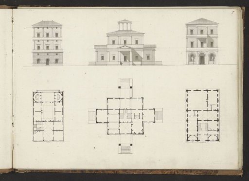 Floor plans and facades of three villas
