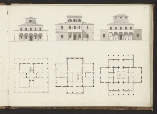 Floor plans and facades of three villas