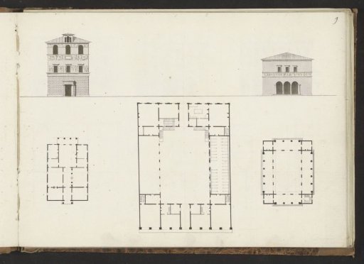 Floor plans and facades of two villas