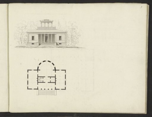Plan and front elevation of a villa