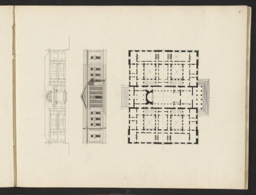 Plan, facade and section of a building