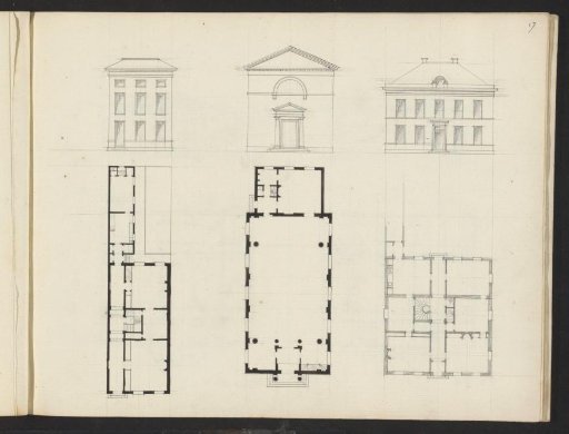 Plans and facades of three buildings