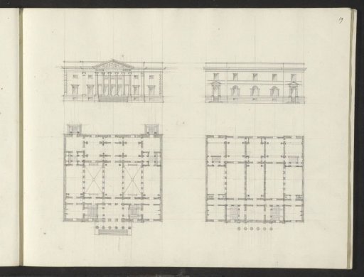 Plans and facades of two buildings