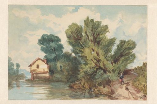 Landscape with walker and house by the water