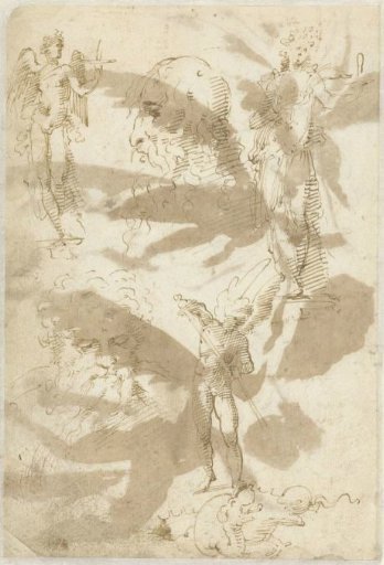 Studies of an angel, two heads and Saint Michael