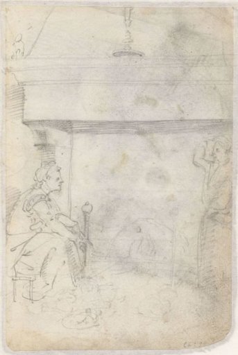 Two persons at a fireplace