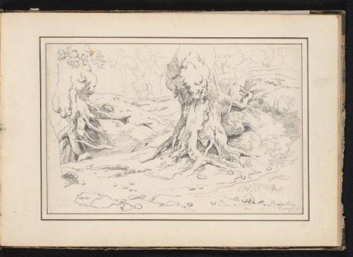 Landscape with trees and tree roots, with a horse in the background, at Roccantica