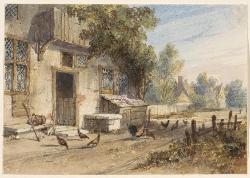 Farmhouse with Chickens on the Country Road in Front