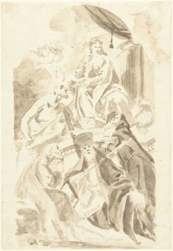 Mary with Child on a High Throne, at Her Feet Various Male Saints
