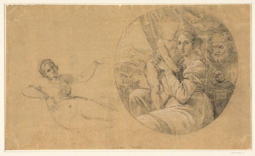 Tondo with Holy Family; alongside a study of a reclining woman