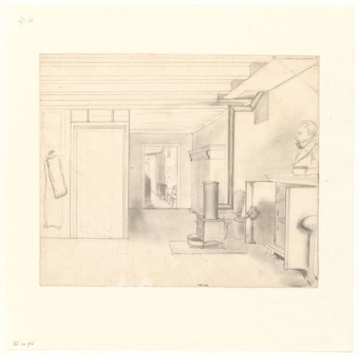 Interior with stove and a bust on a small cabinet