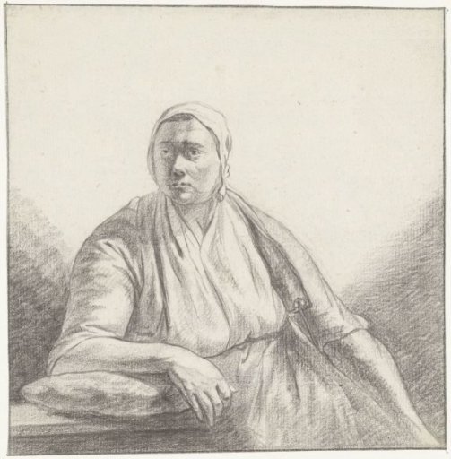 Seated woman, right arm resting on a cushion