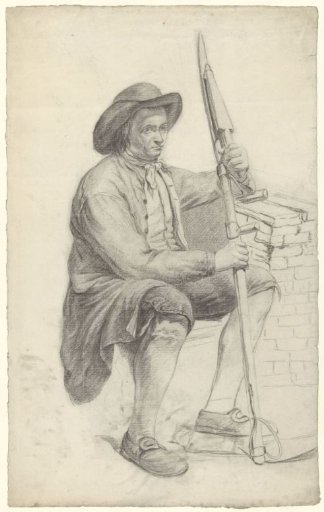 Seated man with a scythe in both hands