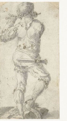 Flute Player with His Right Foot on a Helmet, Seen from the Back