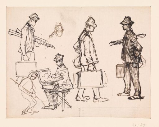 Studies of an artist with a paintbox and a donkey