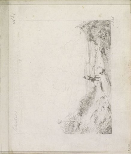 Landscape with a rider and dog on a path