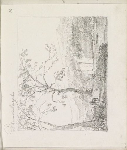 Mountain landscape with figures on a slope by the water